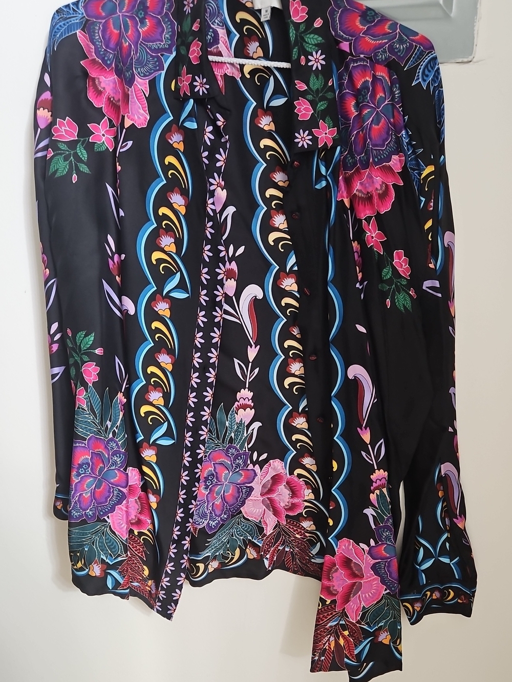 Johnny Was Black Floral Swim Cover-Up Shirt with Pink & Blue Accents